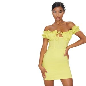 NWT PrettyLittleThing Lemon Bardot Frill Detail Bodycon Dress Sz 6